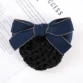Women occupational hair net bow dark blue ribbon bow tie for bank hotel uniform shirt - Blue and Beige Edged Hair Flowers
