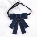 Women professional uniform bow tie dark blue ribbon bow collar accessory for office staff work - Blue and Beige Edged Brooch Flowers
