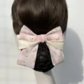 Pink floral lace hair net bow for nurses and flight attendants, elegant hair accessory. - Minimalist Style / Coarse Net / Fresh Pink