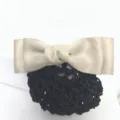 Women professional hair net with beige satin bow, elegant bun cover for work and daily use. - Simple Khaki Double-Layer Fine Mesh Snood
