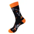 Halloween skeleton and pumpkin pattern crew socks in black and orange for festive party wear. - One Size / No. 287