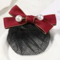 Elegant wine red bow hair net with pearls and gold trim, perfect for professional work. - Red & Beige Edge Fine Mesh with Bar
