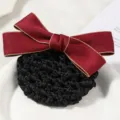 Professional red bow hairnet with gold trim, elegant black mesh bun cover for work or hotel. - Simple Coarse Mesh with Red & Beige Border