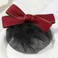 Red bow hair net professional bun cover hair accessory for bank hotel work uniform style - Simple Fine Mesh with Red & Beige Border