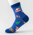 Blaue weihnachtliche Strick-Mittelsocken mit festlichen Häusern und Schneemann-Motiv für Damen. - Blauer Schneemann