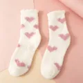 Fluffy coral fleece mid-tube socks featuring cute pink hearts on a soft white background. - 35-40 / Heart White