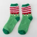 Detail view of fluffy Christmas microfiber socks in green and red with cozy texture. - One Size / New - Green Stripes with Bell