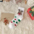White Christmas coral fleece socks featuring cute reindeer embroidery and red green dots detail. - 35-40 / Christmas Reindeer White