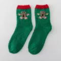 Cozy green fuzzy Christmas socks with red cuffs and cute gingerbread man pattern, ideal winter wear. - One Size / New - Green Figure