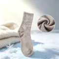 Thickened thermal winter socks detail view showing soft loop pile fabric and cozy snow background. - One Size / Light Brown
