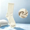 Close-up view of thickened thermal loop knit sock texture, high tube snow sock detail shot. - One Size / Khaki