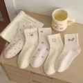 Chaussettes mi-hautes femme coton fil pois mignon ours nœud esthétique quotidien - Taille unique / Ours avec nœud / Beige