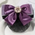 Purple satin bow hairnet with pearl rhinestone center, elegant occupational hair accessory sku - White Yarn Large Pearl Fine Mesh / Purple