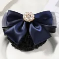 Professional hair net bun cover navy blue satin bow pearl rhinestone flower accessory - White Yarn Large Pearl Coarse Mesh / Blue