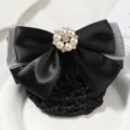 Black ribbon hairnet bun cover with pearl rhinestone flower, elegant professional hair accessory. - White Yarn Large Pearl Coarse Mesh / Black
