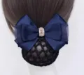 Navy blue hair net bow with pearls for professional wear, elegant bun cover accessory. - Korean Blue Faux Pearl Coarse Mesh Ribbons