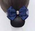 Professional navy blue hair net bow with pearls and rhinestones for work uniform hair accessories - Korean Blue Faux Pearl Fine Mesh Ribbons