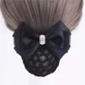 Black hair net bun cover with satin bow and pearl rhinestone decoration for women workplace - Korean Black Faux Pearl Coarse Mesh Ribbons