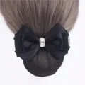 Black satin hair bow net with pearl rhinestone decor, elegant professional bun cover for women. - Korean Black Faux Pearl Fine Mesh Ribbons