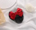Professional hair bun cover variant featuring a red satin bow and black mesh net for work use. - Two-Piece Red Fine Mesh Hairnets