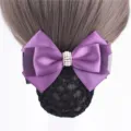 Professional hair bun cover net with purple bow ribbon and elegant pearl rhinestone decor for women. - Korean Purple Faux Pearl Coarse Mesh Ribbons
