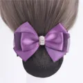 Purple satin bow hairnet with pearl rhinestone buckle professional bun cover for women work wear - Korean Purple Faux Pearl Fine Mesh Ribbons