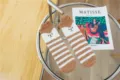 Cozy brown and white striped fluffy plush sleeping socks detail shot, soft microfiber warm homewear. - One Size / Size 15