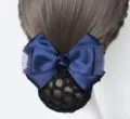 Professional navy blue satin hair bow with net bun cover for workplace nurse flight attendant - Korean Blue Ribbon Rose Coarse Mesh
