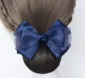 Elegant navy blue satin hair bow with rose accent and mesh net bun cover for women. - Korean Blue Ribbon Rose Fine Mesh