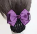 Purple satin bow hair net for women, elegant rose bun cover for professional work and daily wear. - Korean Purple Ribbon Rose Coarse Mesh