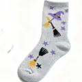 Halloween fleece sleep socks for women, cozy winter thermal fuzzy socks with cute witch hat print. - Size 35-40 / Gray