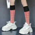 Retro Houndstooth Pattern Knee High Socks Red and Black JK Style Variant Comfortable - One Size / Snow - Houndstooth Orange Red
