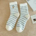 Cozy plush sleep socks for women, thick fuzzy warm winter socks with cute bear embroidery. - Size 37-40 / Light Blue Striped