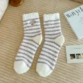 Cozy coral fleece winter sleep socks with cute bear embroidery and purple stripes. - Size 37-40 / Purple Striped