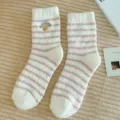 Women cozy coral fleece sleep socks, thick warm winter floor socks with cute bear stripes. - Size 37-40 / Pink Stripe
