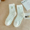 Fluffy coral fleece sleep socks for women, warm winter striped socks with cute bear embroidery. - Size 37-40 / Light Green Striped