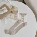 Chaussettes femme en tulle transparent avec petits nœuds mignons, coton d'été respirant. - Taille unique / Kaki