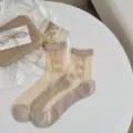 Chaussettes mi-basses transparentes avec nœuds, semelle coton, style chic et élégant. - Taille unique / Café Clair