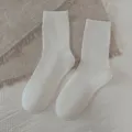 Solid color wool crew socks for women, soft comfortable warm knit winter casual cotton hosiery. - One Size / Cream