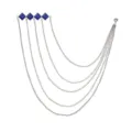 Detailed close-up of multi-layer chain brooch with blue square gems and metal tassels. - Blue Rhombus Rhinestone (Silver)