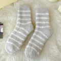 Plush striped fuzzy winter sleep socks for women, thick cozy coral fleece mid tube socks. - One Size / Khaki