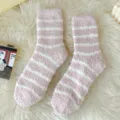 Women's fluffy striped winter sleep socks, cozy pink thick thermal coral fleece socks. - One Size / Pink