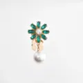 Fashion green crystal flower pearl collar clip shirt brooch accessory for women elegant daily wear - Green Rhinestone Flower + Gold Base