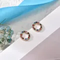 Colorful rhinestone circular stud earrings for women, stylish minimalist copper jewelry. - Letter O
