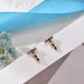 Colorful rhinestone letter T stud earrings, elegant gold-plated copper fashion jewelry. - Letter T