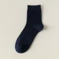 Men's mid-calf cotton socks in solid dark blue, breathable, moisture-wicking, daily wear. - One Size / Navy Blue