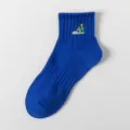 Blue cotton mid-tube short socks with cute green sneaker embroidery for daily sports. - One Size / Blue