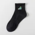 Black ribbed short socks for men with cute green embroidered sneaker design, breathable cotton. - One Size / Black