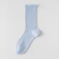 Light blue speckled mesh mid-calf socks with cute ruffled lace top for women summer wear. - One Size / Blue