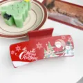 Red Christmas hair claw clip with Santa and snowman design for festive hairstyles and gifts. - Christmas #3 - Rectangular / Red